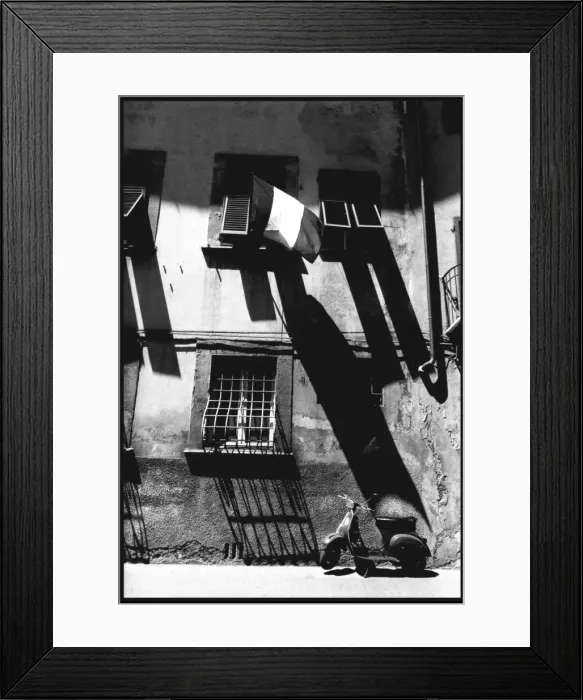 Framed Print : Scooter and flag - shadows, Pisa, Italy Framed Print : Scooter and flag - shadows, Pisa, Italy