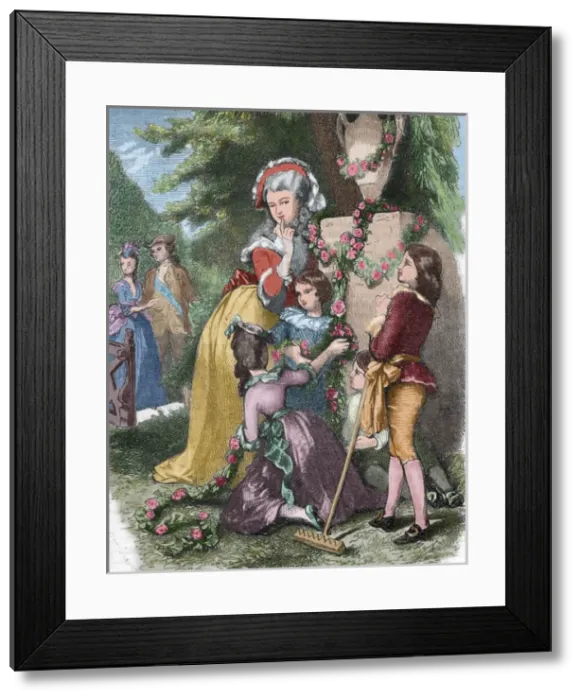 Framed Print : Marie Antoinette (1755-1793) with her children in Trianon. E Framed Print : Marie Antoinette (1755-1793) with her children in Trianon. E