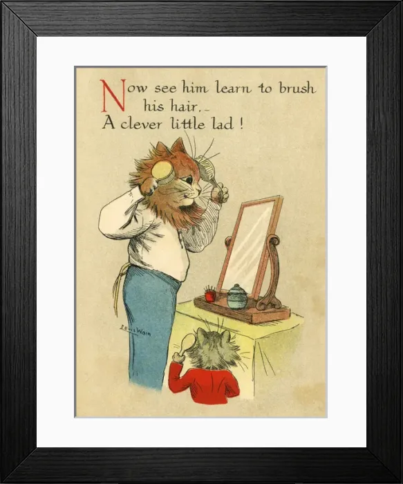 Framed Print : Louis Wain, Daddy Cat - brushing hair Framed Print : Louis Wain, Daddy Cat - brushing hair