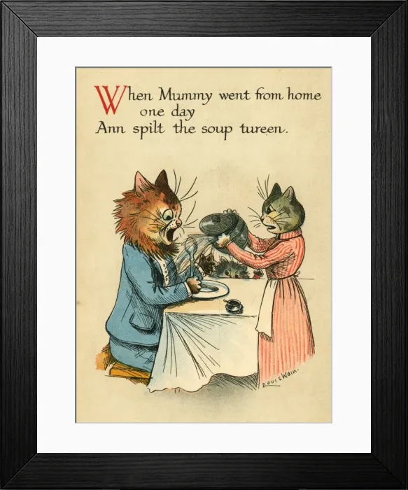 Framed Print : Louis Wain, Daddy Cat - spilt soup Framed Print : Louis Wain, Daddy Cat - spilt soup