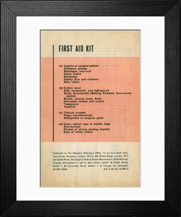 Framed Print : Civil Defence Handbook, First Aid Kit Contents Framed Print : Civil Defence Handbook, First Aid Kit Contents