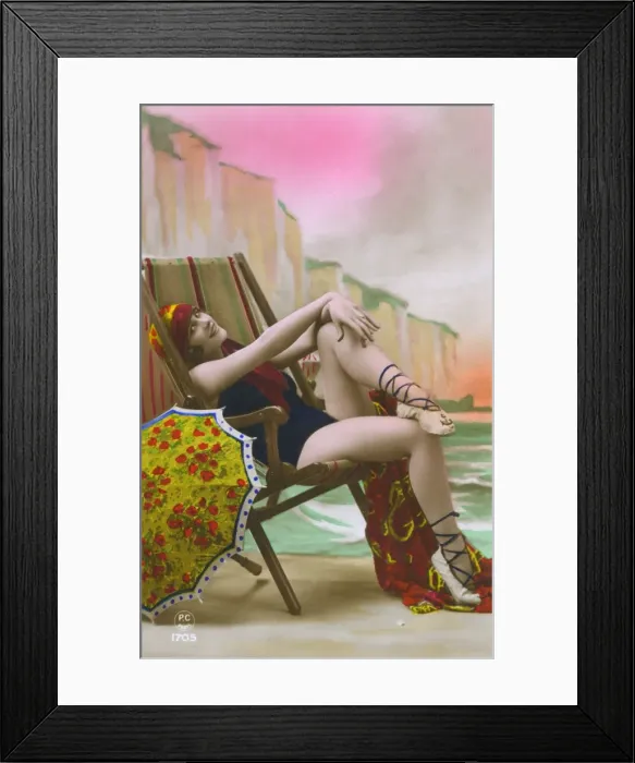 Framed Print : France - Jolly girl in a bathing costume on a deckchair Framed Print : France - Jolly girl in a bathing costume on a deckchair
