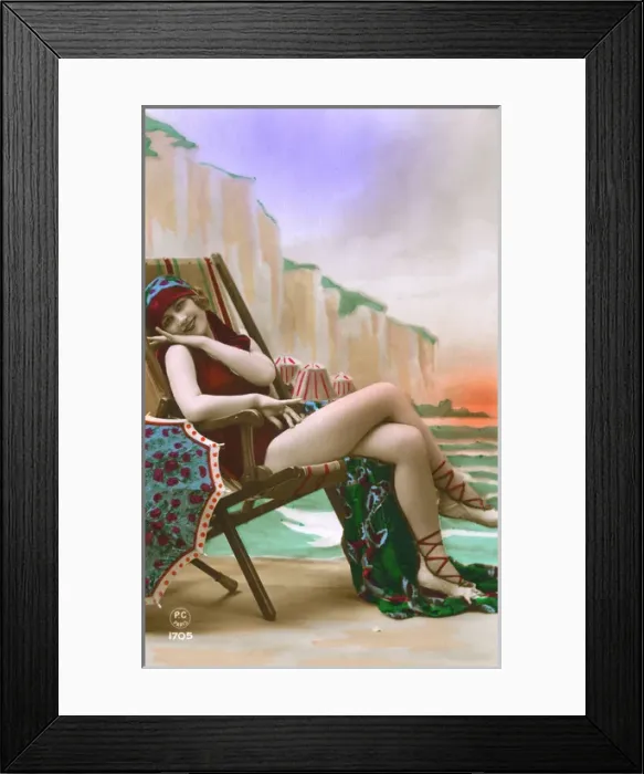 Framed Print : France - Jolly girl in a bathing costume on a deckchair Framed Print : France - Jolly girl in a bathing costume on a deckchair