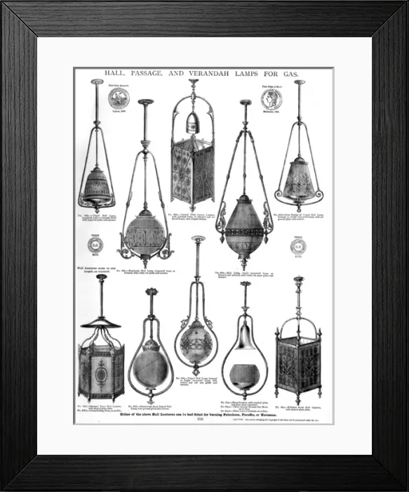 Framed Print : Hall, passage and verandah lamps for gas, Plate 256 Framed Print : Hall, passage and verandah lamps for gas, Plate 256