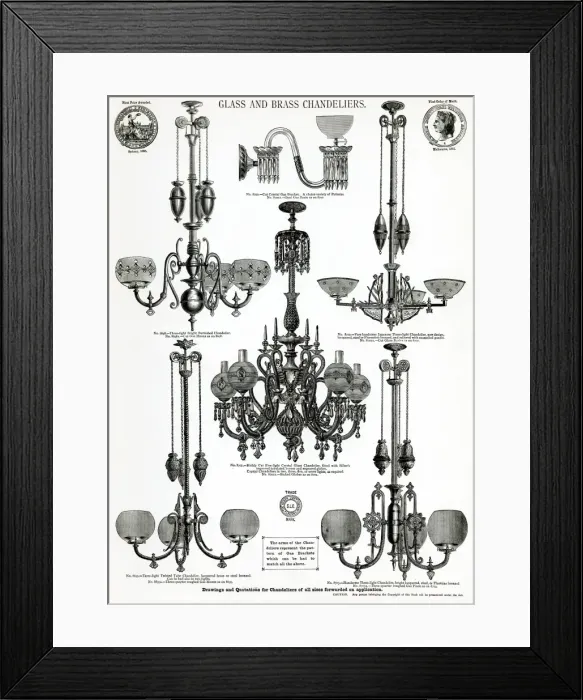 Framed Print : Glass engraved globes and bronze chandeliers 1881