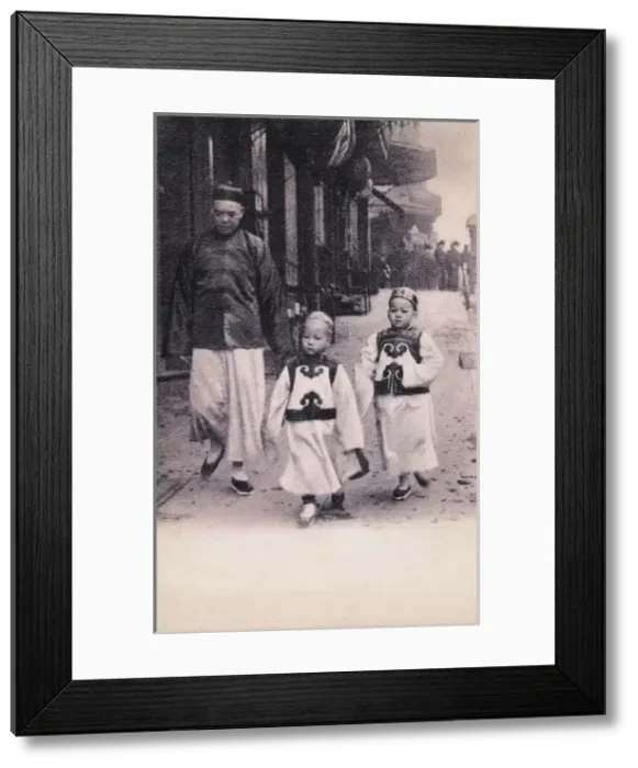 Framed Print : Two Chinese children in traditional attire with their Father Framed Print : Two Chinese children in traditional attire with their Father
