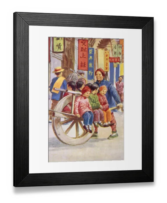 Framed Print : Children transported to school by wheelbarrow - China Framed Print : Children transported to school by wheelbarrow - China