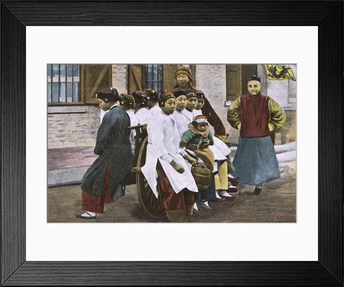 Framed Print : Eight Chinese Factory Girls on a wheelbarrow, China Framed Print : Eight Chinese Factory Girls on a wheelbarrow, China
