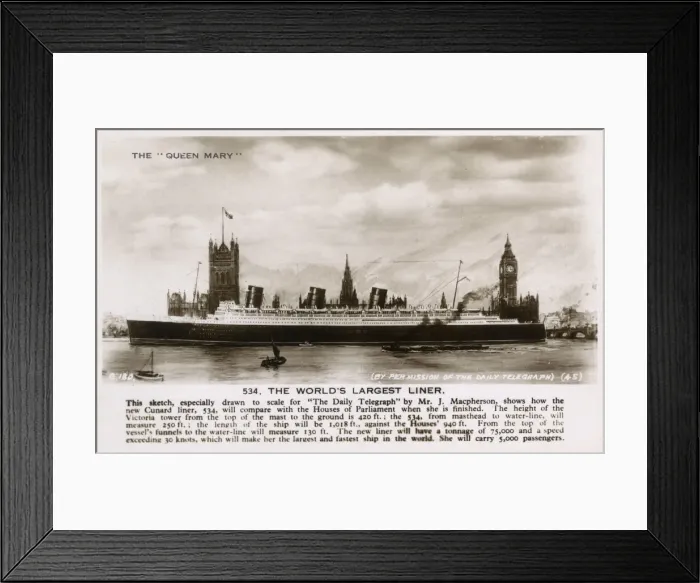Framed Print : The Liner Queen Mary shown alongside Palace of Westminster Framed Print : The Liner Queen Mary shown alongside Palace of Westminster