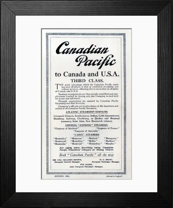 Framed Print : Canadian Pacific to Canada and USA, Third Class Framed Print : Canadian Pacific to Canada and USA, Third Class