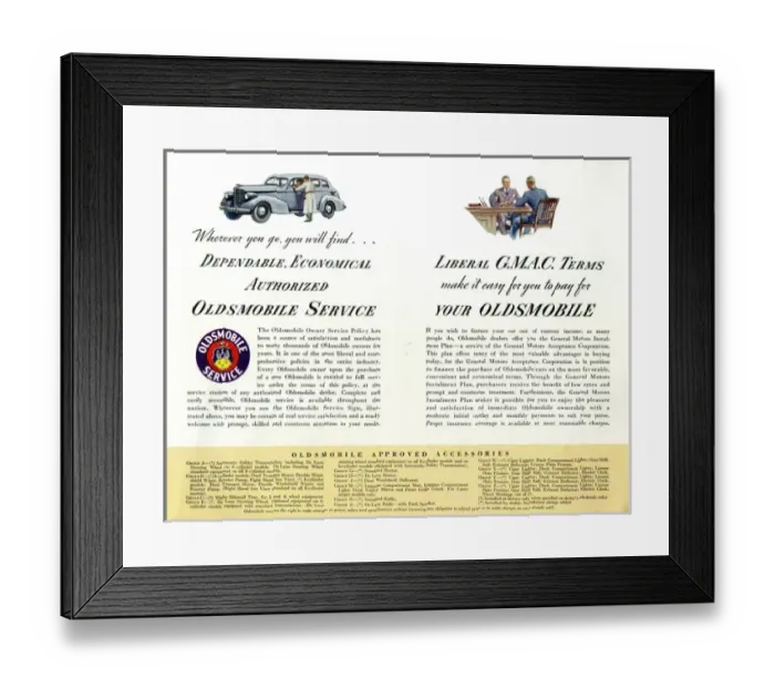 Framed Print : Brochure page, Oldsmobile service, terms and accessories