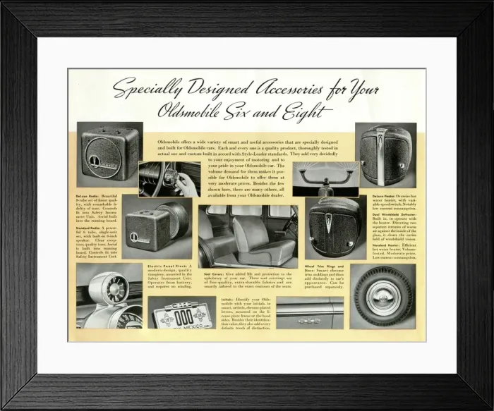Framed Print : Brochure page, Oldsmobile Six and Eight accessories Framed Print : Brochure page, Oldsmobile Six and Eight accessories