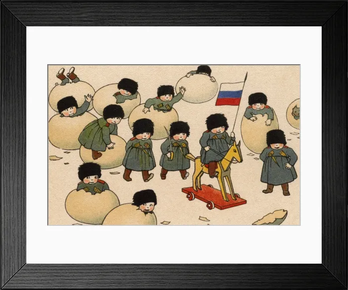 Framed Print : Russian Soldiers hatching out of eggs - Easter Postcard Framed Print : Russian Soldiers hatching out of eggs - Easter Postcard