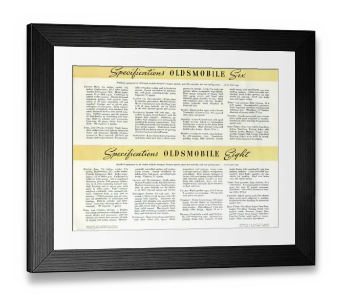 Framed Print : Brochure page, Oldsmobile Six and Eight Framed Print : Brochure page, Oldsmobile Six and Eight