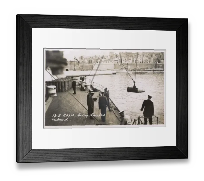 Framed Print : HMS Marlborough - 13. 5 inch shell being hoisted aboard Framed Print : HMS Marlborough - 13. 5 inch shell being hoisted aboard