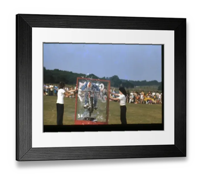 Framed Print : Motorbike crashing through glazed frame Framed Print : Motorbike crashing through glazed frame