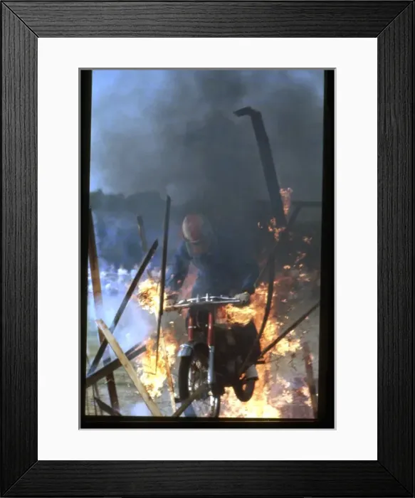 Framed Print : Motorbike speeding through flames Framed Print : Motorbike speeding through flames