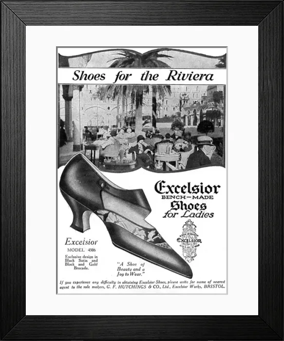 Framed Print : Shoes to wear on the Riviera - Excelsior advertisement, 1925 Framed Print : Shoes to wear on the Riviera - Excelsior advertisement, 1925