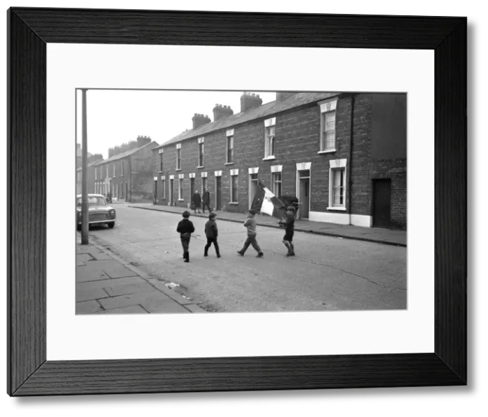 Framed Print : Boys in a street with a flag, Belfast, Northern Ireland Framed Print : Boys in a street with a flag, Belfast, Northern Ireland