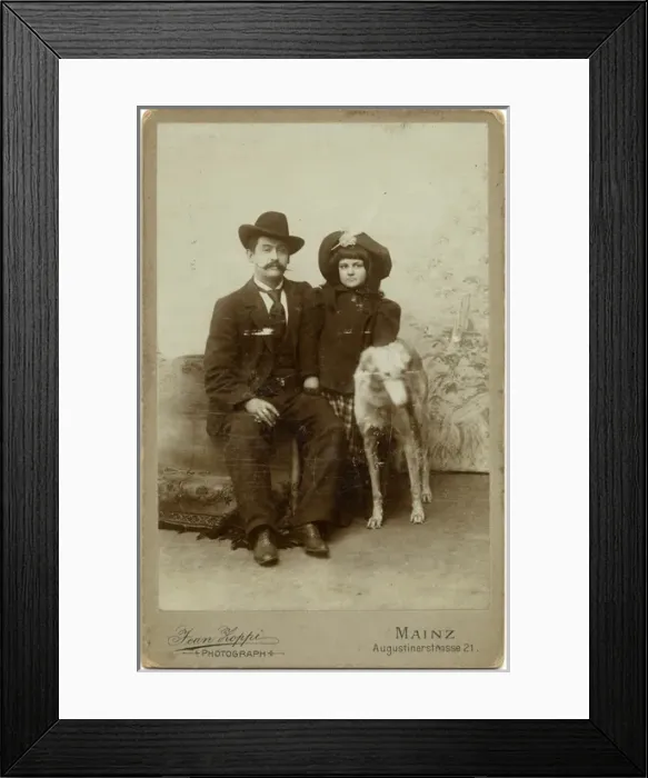 Framed Print : Studio portrait, man, girl and dog Framed Print : Studio portrait, man, girl and dog