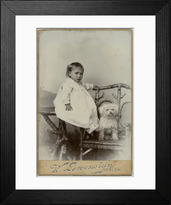 Framed Print : Studio portrait, little child with dog Framed Print : Studio portrait, little child with dog