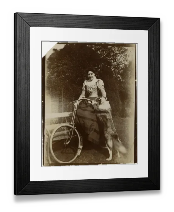 Framed Print : Woman with dog and bicycle in a garden Framed Print : Woman with dog and bicycle in a garden