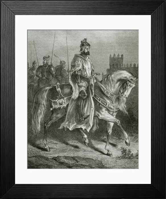 Framed Print : King Ferdinand II (c. 1137-1188) on horseback. Engraving Framed Print : King Ferdinand II (c. 1137-1188) on horseback. Engraving
