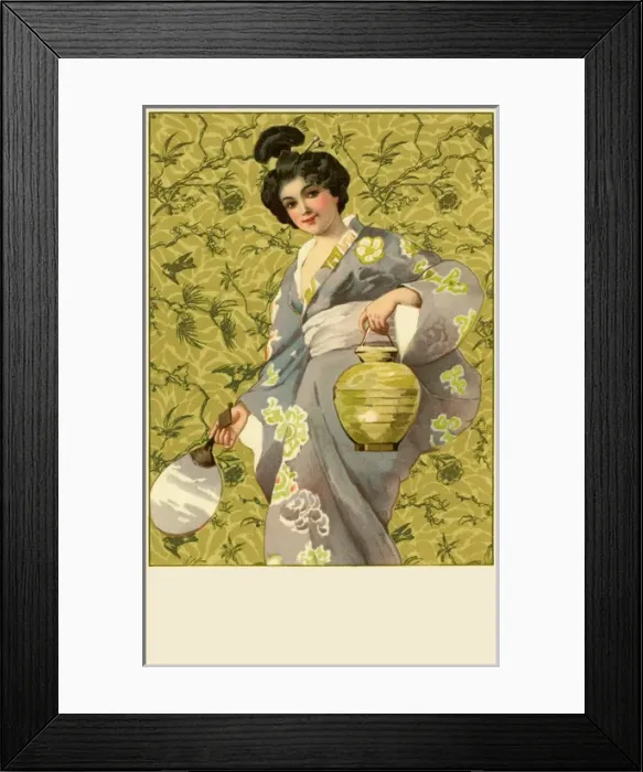 Framed Print : Geisha. Japanese geisha girl in grey kimono and white sash holding uchiwa Framed Print : Geisha. Japanese geisha girl in grey kimono and white sash holding uchiwa
