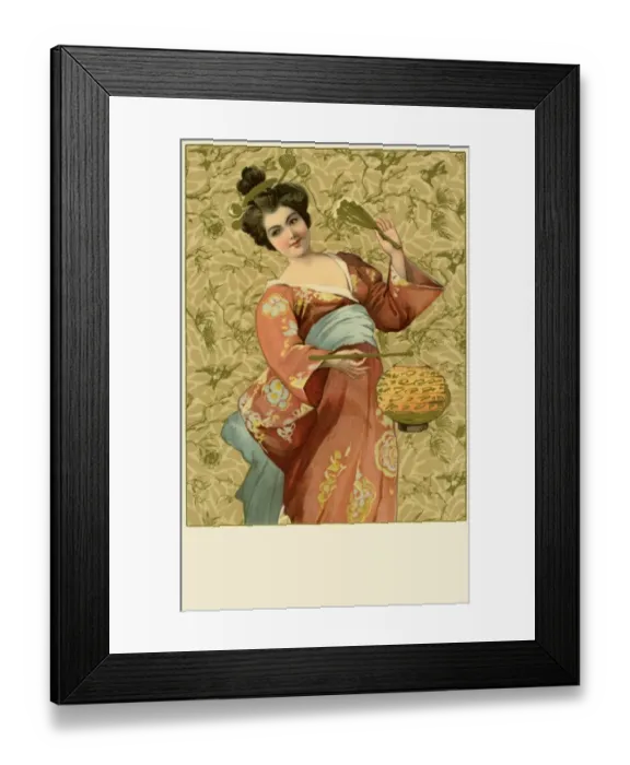 Framed Print : Geisha. Japanese geisha girl in red kimono and blue sash holding fan and lantern Framed Print : Geisha. Japanese geisha girl in red kimono and blue sash holding fan and lantern