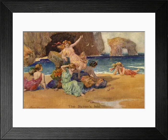 Framed Print : Syrens cavorting on a beach of The Syrens Isle to attract unwary sailors. Date: circa 1913 Framed Print : Syrens cavorting on a beach of The Syrens Isle to attract unwary sailors. Date: circa 1913