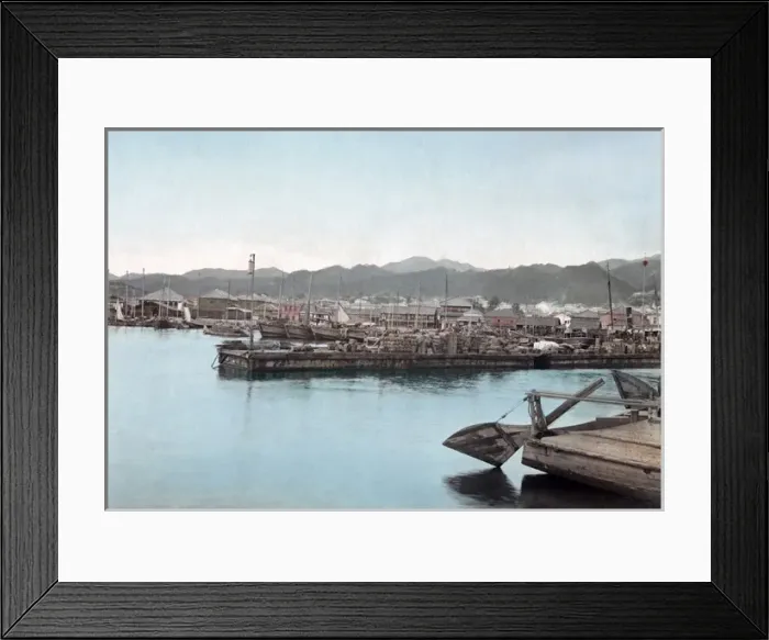 Framed Print : Shipping and cargo on the Bund, Kobe, Japan, circa 1880s Framed Print : Shipping and cargo on the Bund, Kobe, Japan, circa 1880s