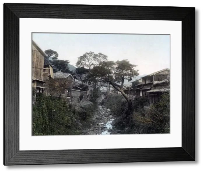 Framed Print : A stream and houses at Nakajima, Nagasaki, Japan, circa 1880