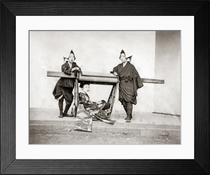 Framed Print : Female bearers and a carrying chair, Japan, 1870s Framed Print : Female bearers and a carrying chair, Japan, 1870s