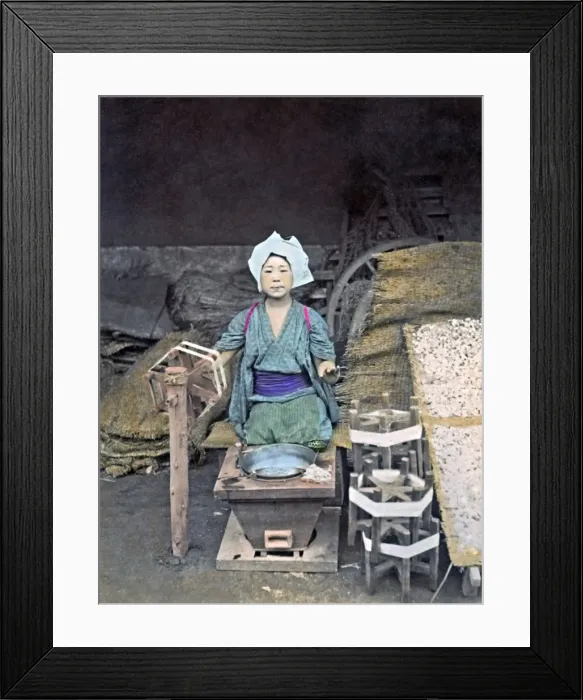 Framed Print : Spinning silk, Japan circa 1880s Framed Print : Spinning silk, Japan circa 1880s