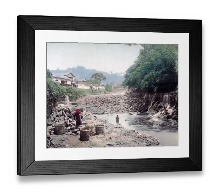 Framed Print : Nakajima, Nikko, Japan, circa 1880s - Washing clothes in a r Framed Print : Nakajima, Nikko, Japan, circa 1880s - Washing clothes in a r