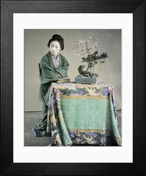 Framed Print : Wolman seated at a table with a bonzai tree, Japan circa 188 Framed Print : Wolman seated at a table with a bonzai tree, Japan circa 188