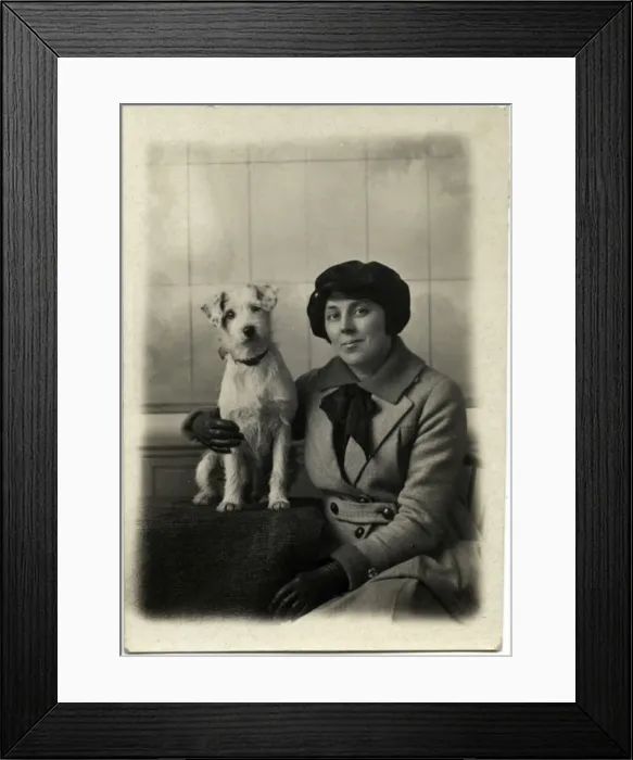 Framed Print : Studio portrait, woman with terrier dog Framed Print : Studio portrait, woman with terrier dog