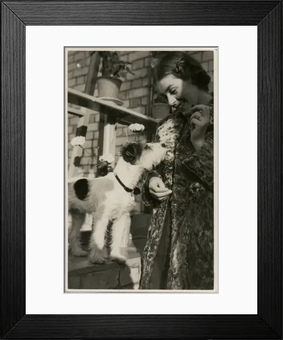Framed Print : Young woman with a dog in a back garden Framed Print : Young woman with a dog in a back garden