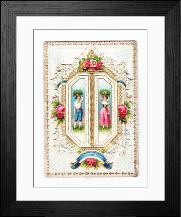 Framed Print : Floral greetings card with man and woman Framed Print : Floral greetings card with man and woman