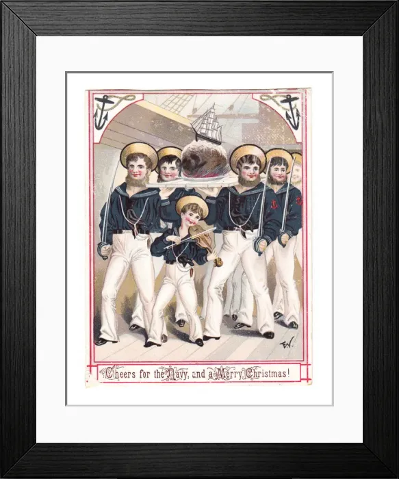 Framed Print : Sailors on board ship on a Christmas card Framed Print : Sailors on board ship on a Christmas card