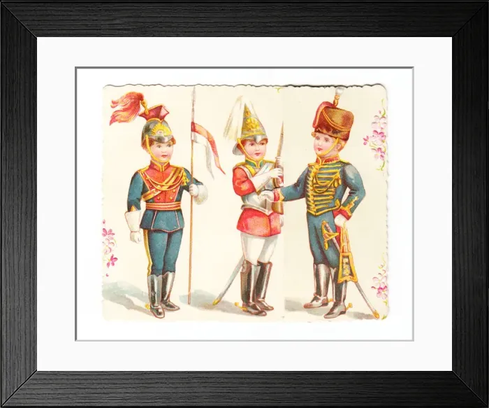 Framed Print : Three boys in military uniform on a greetings card Framed Print : Three boys in military uniform on a greetings card