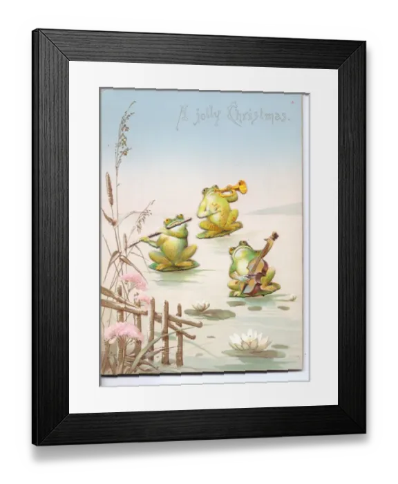Framed Print : Three musical frogs on a movable Christmas card Framed Print : Three musical frogs on a movable Christmas card