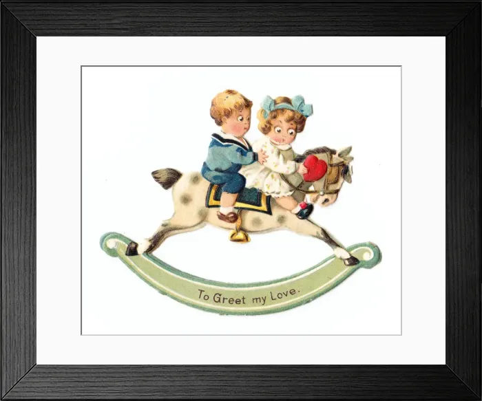 Framed Print : Two children on a rocking horse on a movable Valentine card Framed Print : Two children on a rocking horse on a movable Valentine card