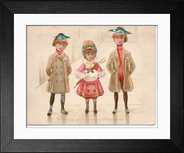 Framed Print : Three children in a street on a movable Christmas card Framed Print : Three children in a street on a movable Christmas card