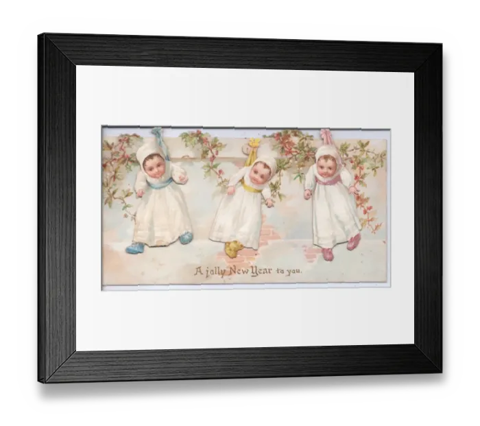 Framed Print : Three children on a movable New Year card Framed Print : Three children on a movable New Year card