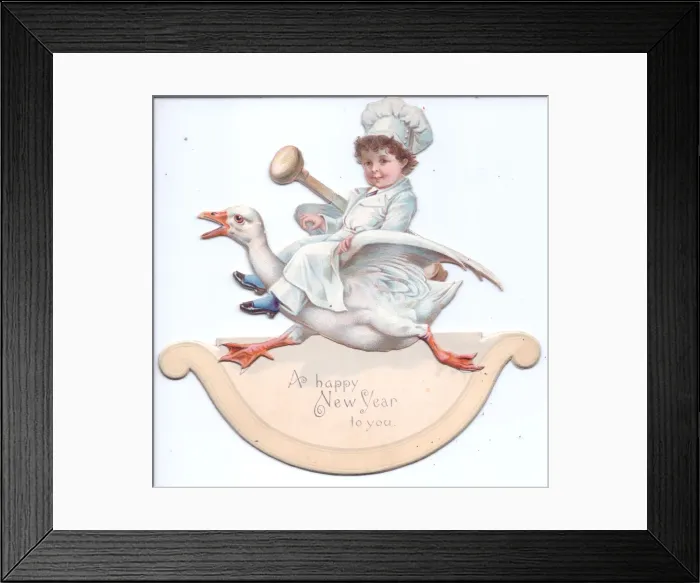 Framed Print : Chef riding a goose on a movable New Year card Framed Print : Chef riding a goose on a movable New Year card