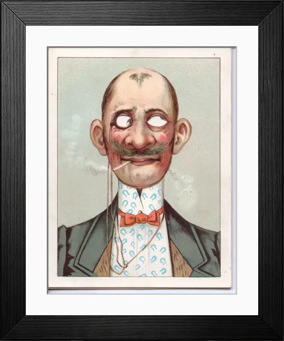 Framed Print : Man with moustache on a movable greetings card Framed Print : Man with moustache on a movable greetings card