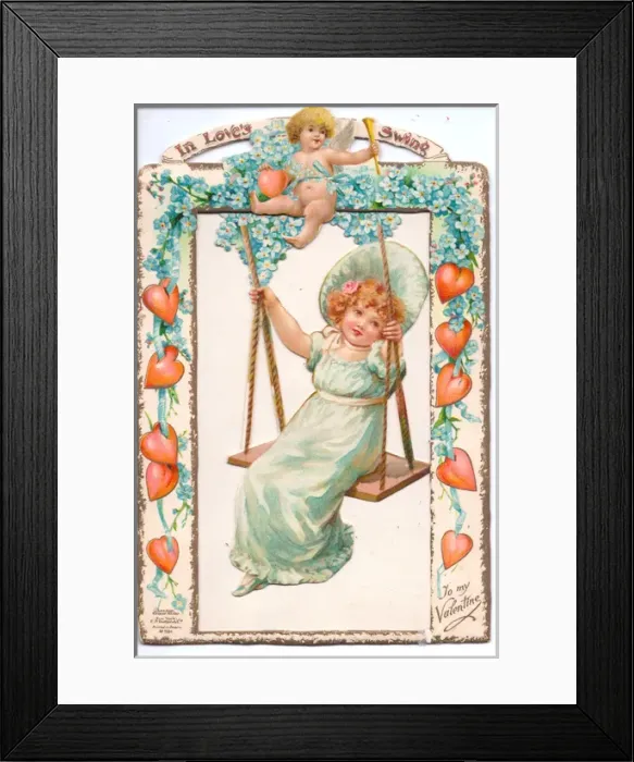 Framed Print : Girl on a swing on a movable Valentine card Framed Print : Girl on a swing on a movable Valentine card