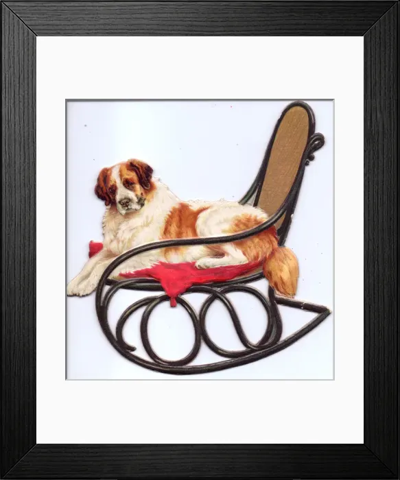 Framed Print : Dog on a rocking chair on a cutout movable greetings card Framed Print : Dog on a rocking chair on a cutout movable greetings card