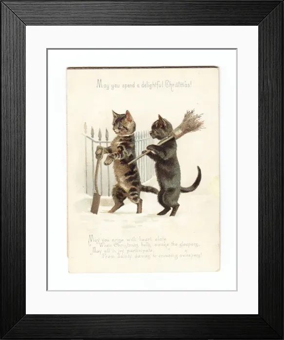 Framed Print : Two cats clearing snow on a movable Christmas card Framed Print : Two cats clearing snow on a movable Christmas card